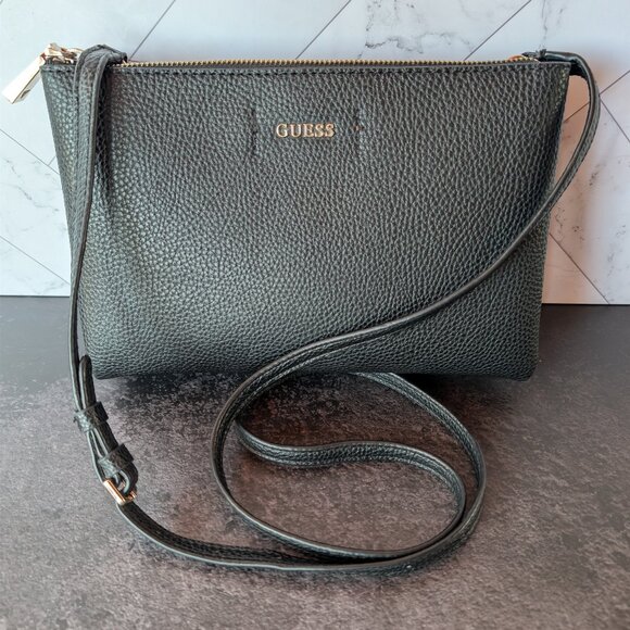 Guess Handbags - GUESS Black Pebbled Faux Leather Double Zip Crossbody Wristlet